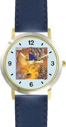 Mommy & Baby Bunny Rabbit Looking at Bug - from Hush Little Baby by Artist: Sylvia Long - WATCHBUDDY® DELUXE TWO-TONE THEME WATCH - Arabic Numbers - Blue Leather Strap-Size-Large ( Men