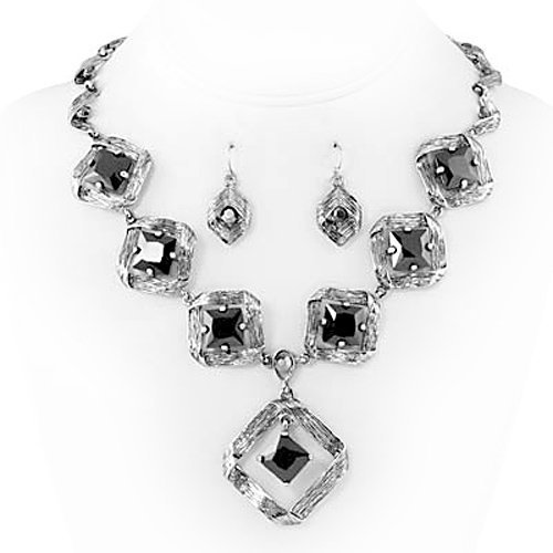 Silvertone Black Cubic Zurconia Necklace and Earrings Set Fashion Jewelry