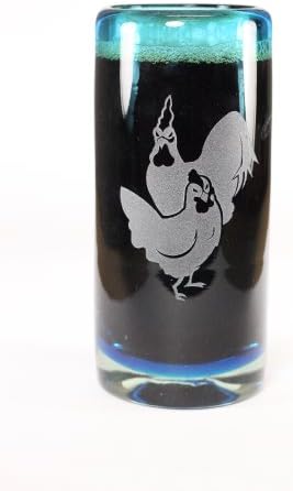 VIVAZ Etched Rooster/Hen Highball Glass, Turquoise Recycled Glass, Set of 4