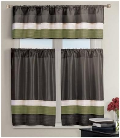 Pintucked Kitchen Window Curtain Set 2 Tier Panel Curtain and 1 Valance: Burgundy, Teal, Chocolate Brown, Pure White (Chocolate Brown)