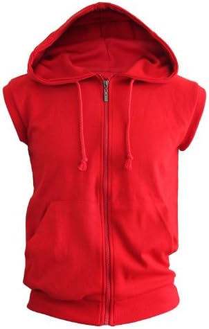 BCPOLO Red Sleeveless Zip Hoodie Solid Cotton Hoody Casual Full Zip Hoodie (Small)