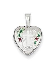Sterling Silver Cross w/ Enamel Flowers 12mm Heart Locket