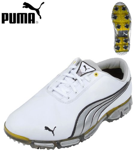 PUMA Men's Cell Fusion 3 Pro Golf Shoe,White/Black/Puma Silver/Cyber Yellow,10 M US On Sale