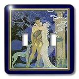 Florene Art Deco and Nouveau - Art Nouveau Lady Man n Dog In Gold n Navy Frames - Light Switch Covers - double toggle switch