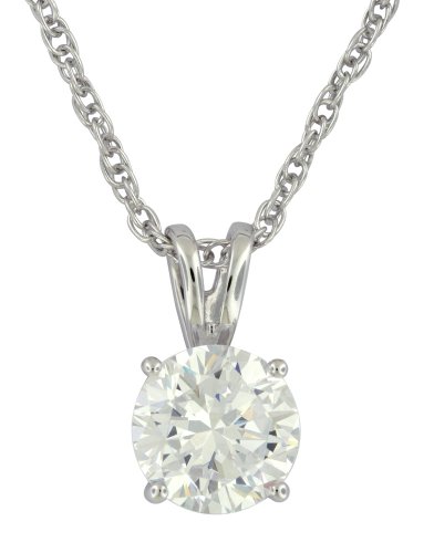 Platinum Plated Sterling Silver 7.5mm Round Prong-Set Cubic Zirconia Pendant, 18"