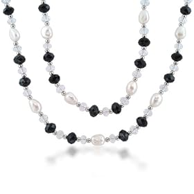 Bling Jewelry Sterling Silver Pearl Clear Crystal Black Onyx Long Multi Stone Necklace 40 in.