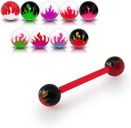14Gx3/4 (1.6x19MM) Flexible Straight Barbell with 6MM UV Flame Ball Tongue Piercing Rings - 10 Pieces Assorted Color as Show
