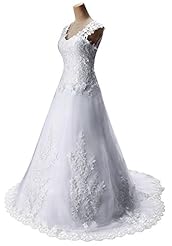 V-neck Tulle Applique Lace-Up Cap Sleeves  Dress