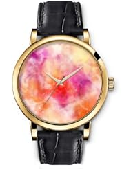 SPRAWL Aanalog Fashion Series Gold Ladies Watches of Genuine Black Leather Strap,Unique Wrist Watch for Women Girls Designed with Fresh tulips on background