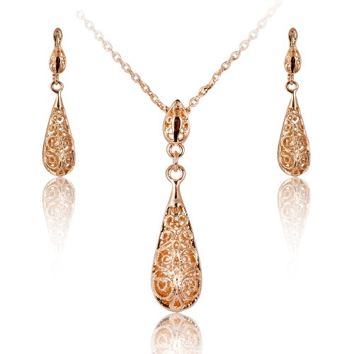 18k Gold Plated Antique Style Tear Drop Filigree Floral Pendant Necklace and Earring Click-top Hook Set S76 image