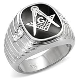 Isady - Bernard - Bague homme Chevalière - Anneau rhodie - Franc-maçonnerie - Oxyde de zirconium et émail noir