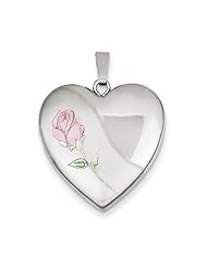 Sterling Silver 24mm Satin, Enameled, Diamond-Cut Rose Locket