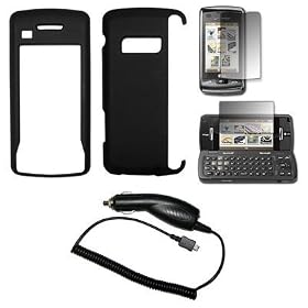 SMOOTH BACK Black Rubberized Snap-On Cover Hard Case Cell Phone Protector + LCD Screen Protector + Rapid Car Charger for LG enV Touch VX11000