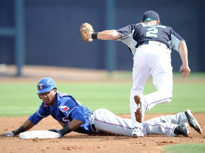 Texas Rangers v Seattle Mariners, PEORIA, AZ - MARCH 01: Julio Borbon and Jack Wilson Photographic Poster Print by Harry How, 9x12