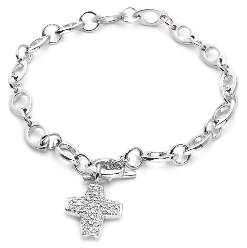 Sterling Silver Pave Cubic Zirconia Cross Bracelet, 7.25 inch