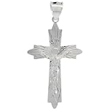 Sterling Silver Crucifix Pendant ( Jesus Christ on Cross Fleury ), 1 5/8 in. (41mm) tall, w/ 18 in. Thin Box Chain