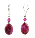 Earrings - E336 - Genuine Pink Crazy Lace Agate Gemstone and Crystal - Oval