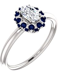 14K White Gold Oval Cut Diamond and Sapphire Flower Inspired Ring -- LIFETIME WARRANTY