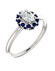10K White Gold Oval Cut Diamond and Sapphire Flower Inspired Ring -- LIFETIME WARRANTY