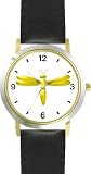 Yellow Dragonfly or Dragon Fly - JP - WATCHBUDDY&reg; DELUXE TWO-TONE THEME WATCH - Arabic Numbers - Black Leather Strap-Size-Women's Size-Small