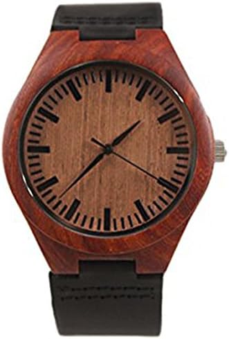 Woody Watch Red Sandalwood Mens Wooden Wristwatch with Black Genuine Leather Strap Japanese Quartz