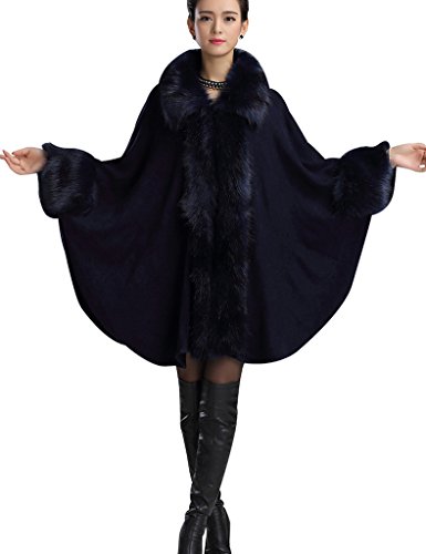 Aphratti Women s Faux Fox Fur Shawl Cloak Coat One Size Navy Blue