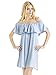 Clothink Women Blue Denim Cotton Off Shoulder Ruffle Plain Shift Dress