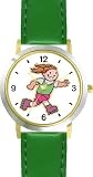 Little Girl Roller Blading - Roller Skating or Blading Theme - WATCHBUDDY  DELUXE TWO-TONE THEME WATCH - Arabic Numbers - Green Leather Strap-Children's Size-Small ( Boy's Size & Girl's Size )