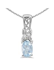 14k White Gold Oval Aquamarine And Diamond Pendant with 18" Chain