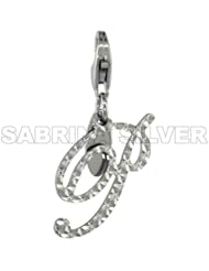 Sterling Silver Script Initial Letter P Alphabet Charm Diamond Cut Finish and Lobster Lock Clasp, 3/4 inch