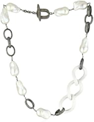 Jordan Alexander 20" White Agate and Diamond Chain Link with Silver Pearl Necklace