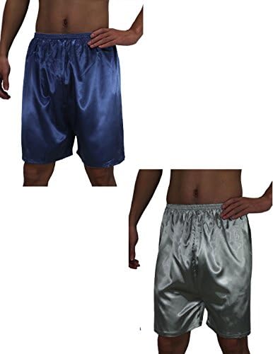 (Pack of 2) Mens Sleepwear - Silk Couture Boxer Shorts / Pajama Shorts L Blue &amp; Grey