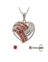 Ruby Heart Pendant W/ Studs Sterling Silver Cz Ladies