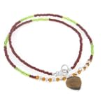 Sterling Silver Beaded 16" Choker Necklace with Genuine Tiger Eye Heart Pendant
