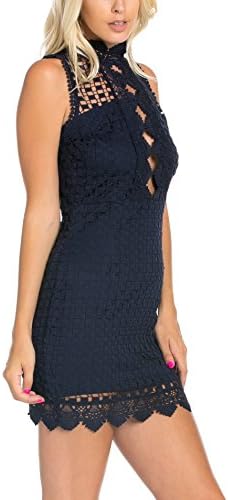 Women's High Neck Pencil Dress In Crochet Lace Navy Small