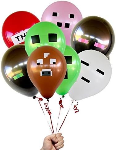 Pixel Party Supplies Pixelated Balloons Mixed (Red, White, Pink, Green, Black, Brown) 12" Inch Latex Party Gift Balloons - 28 Count