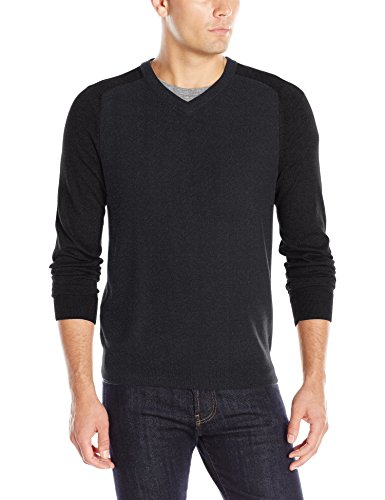 Perry Ellis Men's Color Block V-Neck Sweater, Black Heather, L