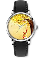 SPRAWL Aanalog Fashion Series Silver Ladies Watches of Genuine Black Leather Strap,Unique Wrist Watch for Women Girls Designed with Kittens under the tree