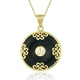 18K Gold over Sterling Silver Onyx Chinese 'Longevity' Donut Pendant