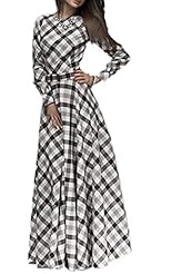 Sexy Summer Long Sleeves Chiffon/Polyester Plaid Print Full Length Maxi Dress 