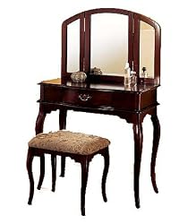 Queen Anne Style Cherry Finish Wood Vanity Set - Table, Bench & Mirror