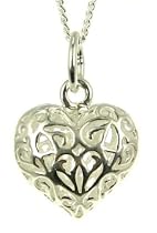 Silver Ladies Filigree Open Heart Pendant 18"Curb