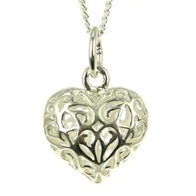 Silver Ladies Filigree Open Heart Pendant 18"Curb