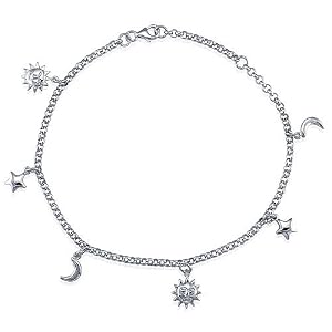 Sterling Silver Anklet Chain w/ Sun Moon Star Charms - I