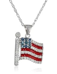 Sterling Silver Blue Sapphire, Red Enamel and Diamond American Flag Pendant Necklace (1/5 cttw), 18"