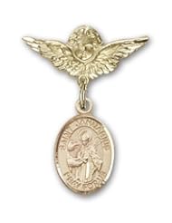 14K Gold Baby Badge with St. Januarius Charm and Angel with Wings Badge Pin