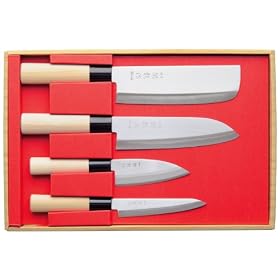 Set de couteaux Japon Sekiryu, Nakiri, Santoku, petit Deba + couteau � multi-usages incl. une pierre � aiguiser chinoise