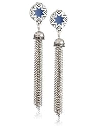 House of Harlow 1960 Silver Tone Navy Enamel Sunburst Tassel Drop Earrings