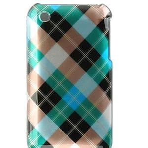 Premium Designer Hard Crystal Snap-on Case for Apple iPhone 3G, 3GS 3G-S - Cool Blue, Green Diagonal Checkers Diamond Plaid Print
