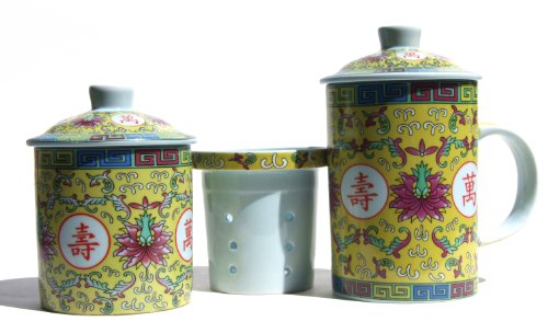 Tea mug infuser & lid with infuser stand and lid Yellow Flower